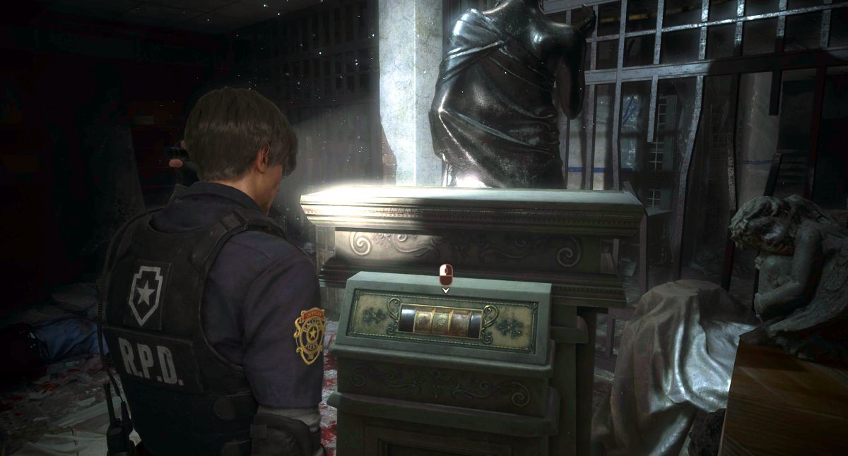 Резидент ивел 3 шкафчики. Резидент эвил 2 ремейк статуя Девы. Resident Evil 2 Remake. Статуя Льва Resident Evil 2 Remake. Resident Evil 2 Remake головоломки.